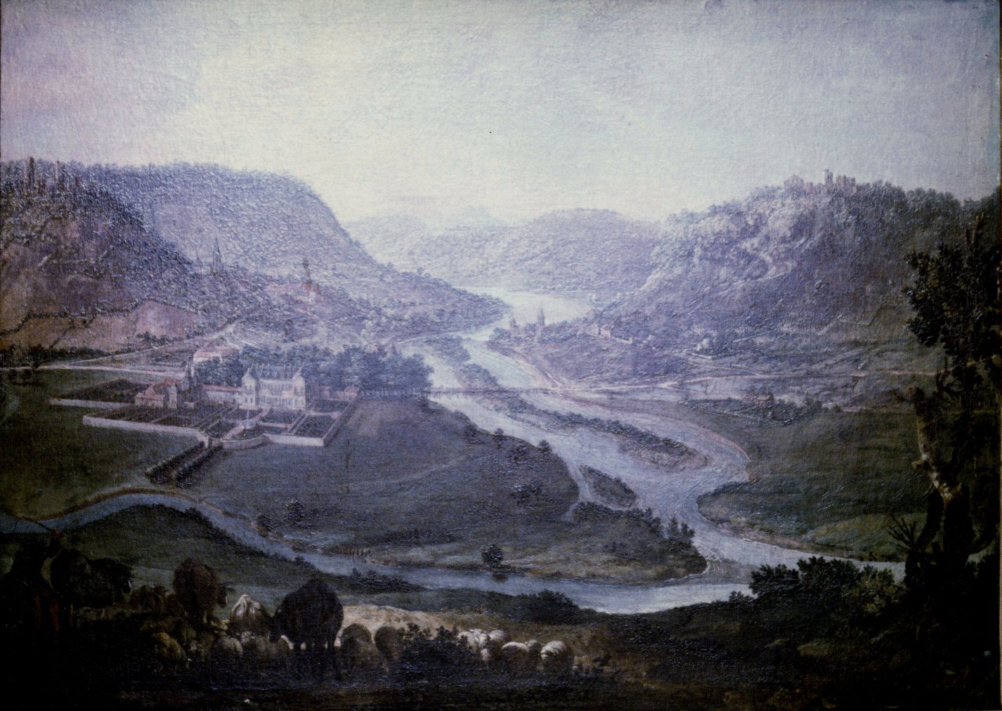 Peinture du 18ème siècle, de la rencontre de la Moselle et de la Meurthe, entre Frouard et Pompey. D'après un tableau de Claude Jacquart exposé au musée Lorrain à Nancy (photographie couleur : Gaston Gouret)